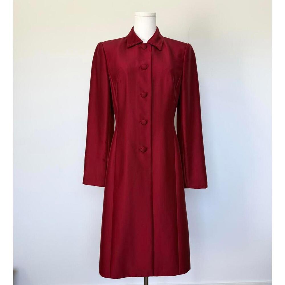 Ann Taylor 100% Silk Red Long Jacket Coat Women Tailored Button Front